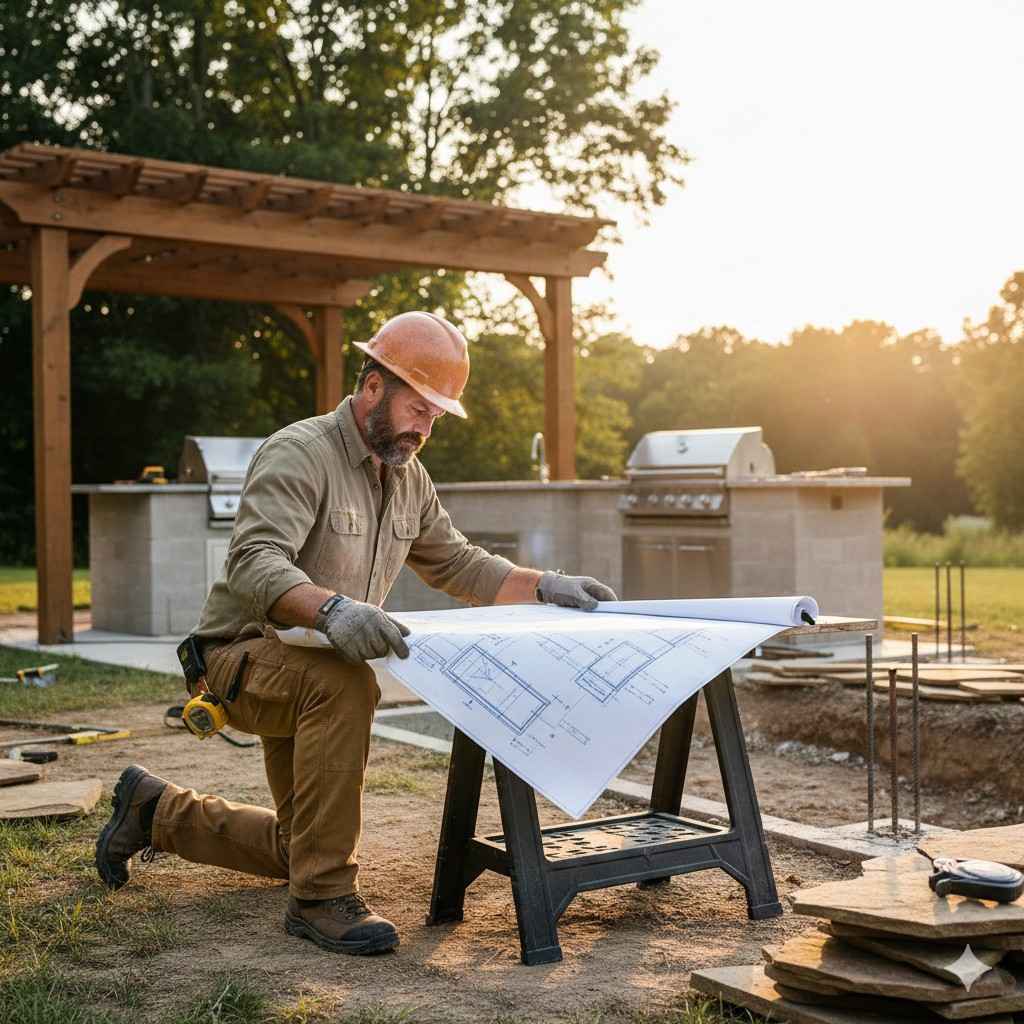 Contractor Looking At An Outdoor Kitchen Design