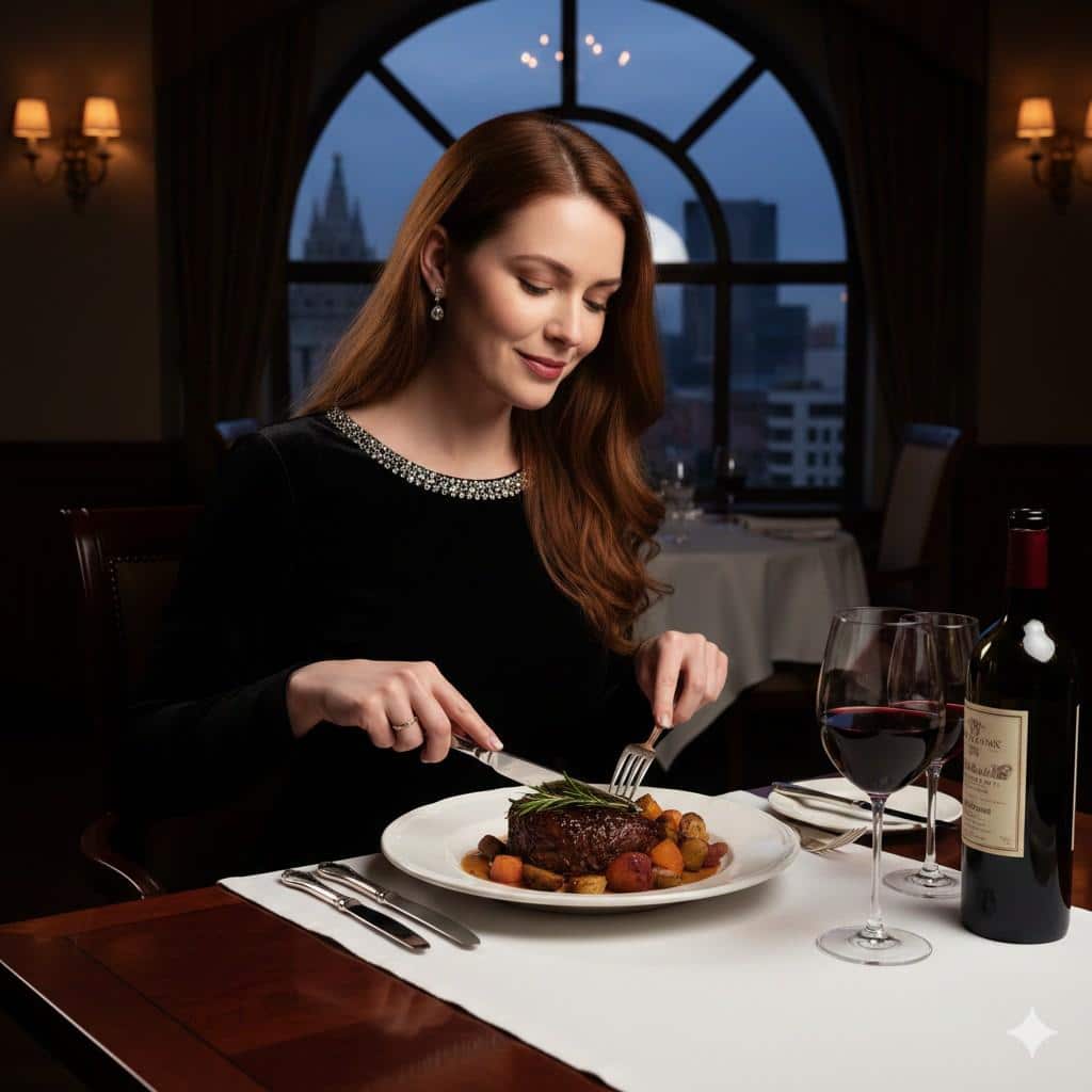 Elegant Woman Eating Red Wine Braised Chuck Roast