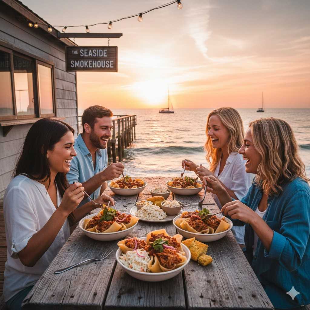 Friends Eating Pulled Pork Bbq Shells By The Pier
