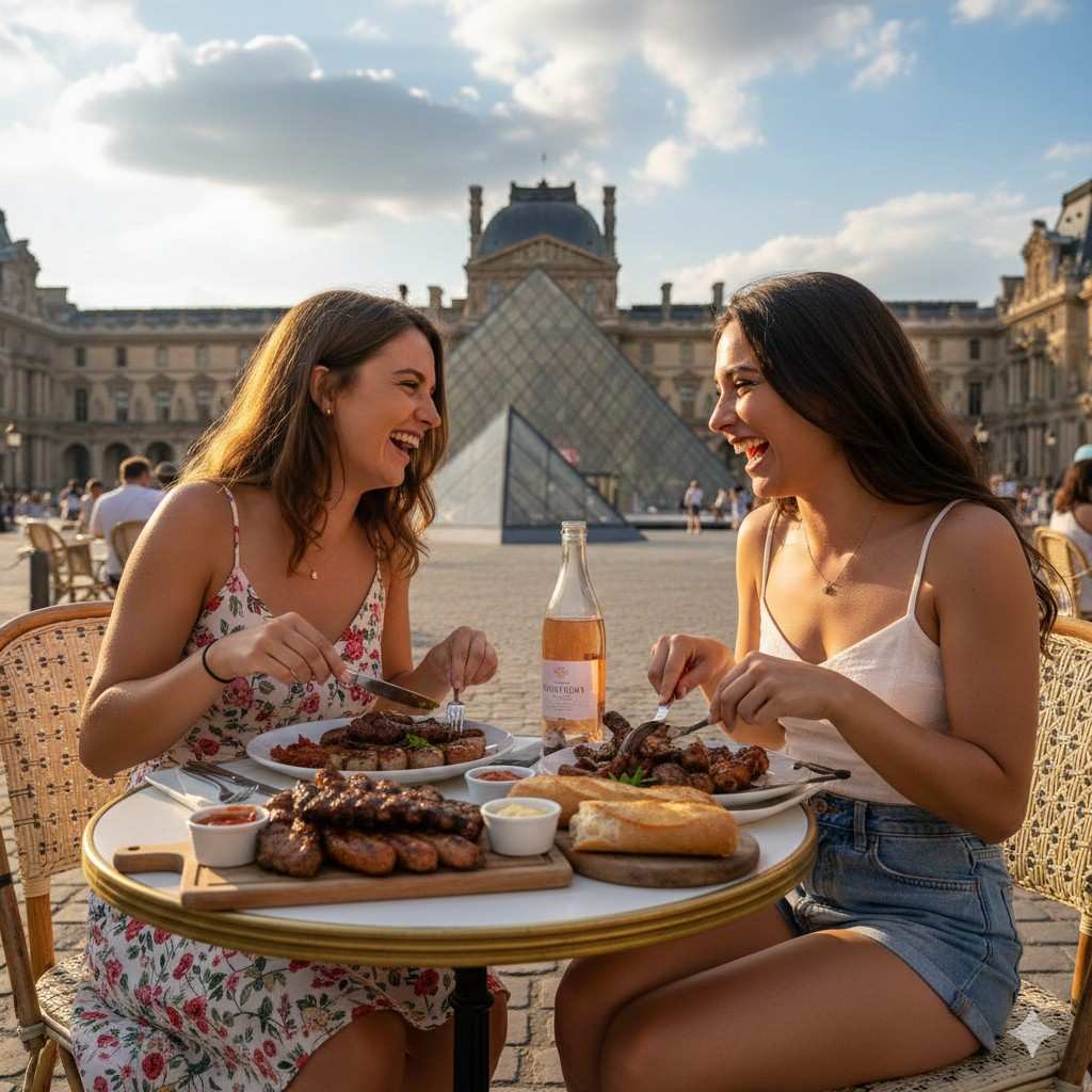 Girls Eating Bbq At The Louvre Museum