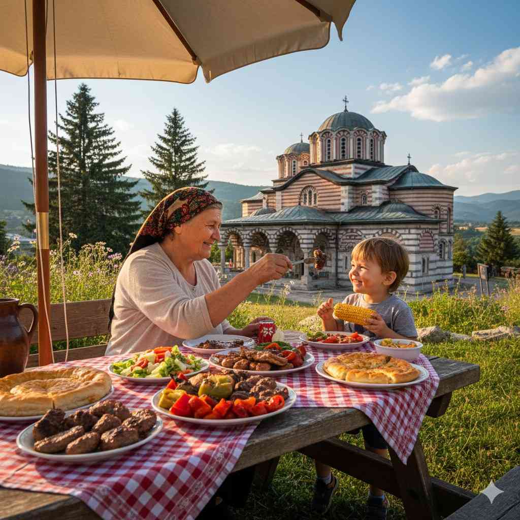 Grandma And Grandchild Eating Bbq In Bulgaria
