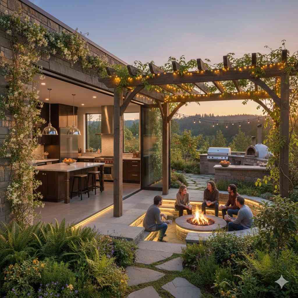 Indoor &Amp; Outdoor Kitchen Design With Firepit And Backyard Garden
