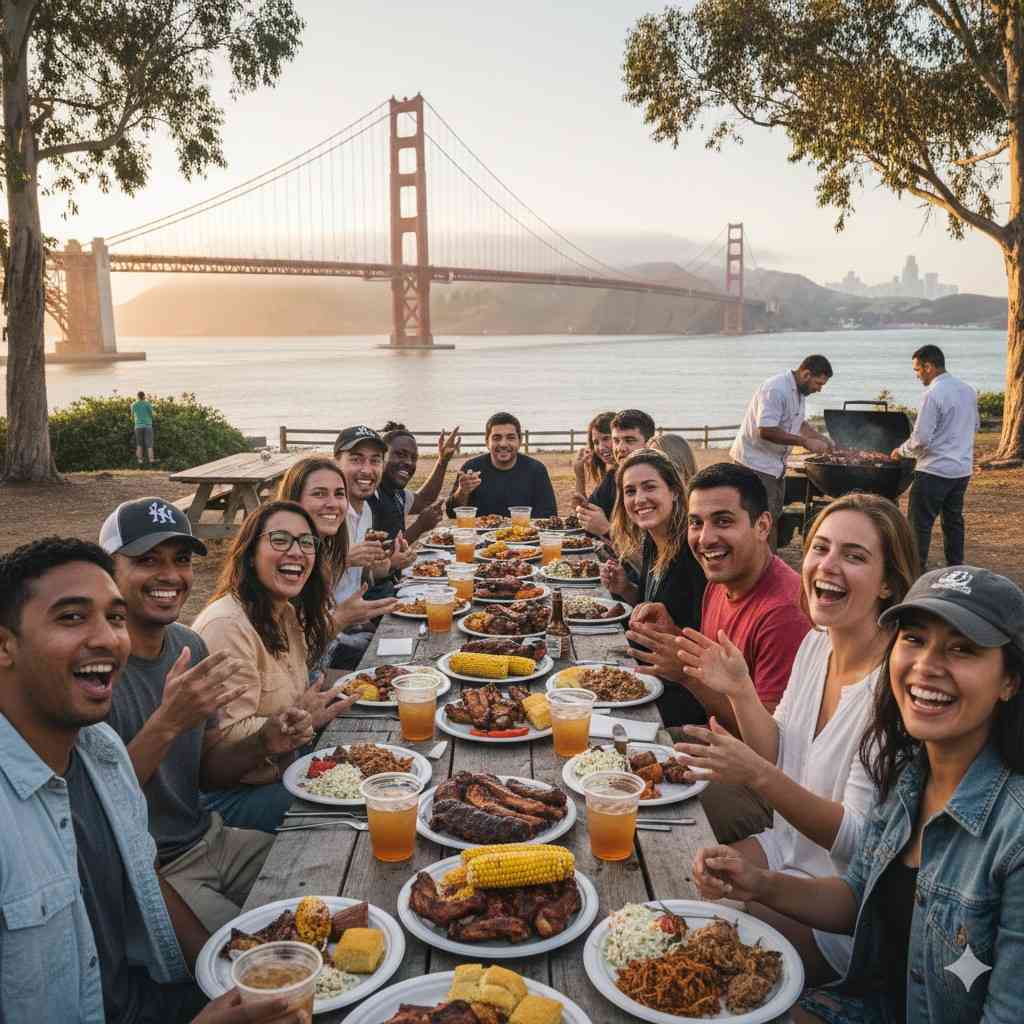 people eating california bbq