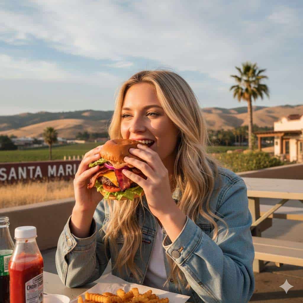 Pretty Blonde Girl Eating Hamburger