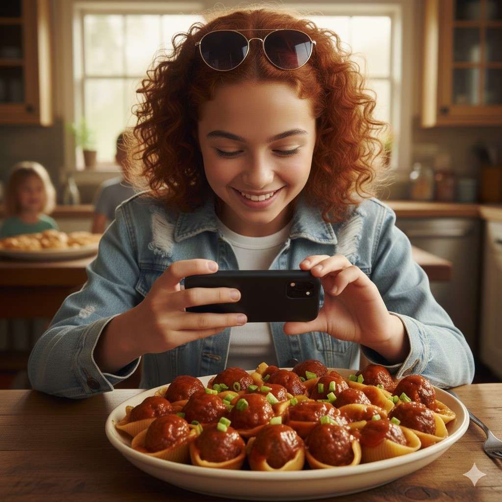 Pretty Teen Girl Taking Pictures Of Her Sweet And Tangy Bbq Meatball Shells