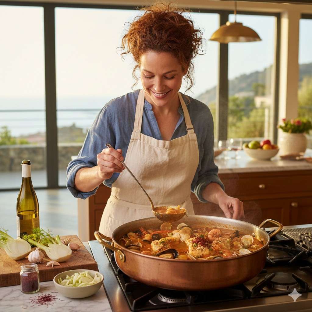 Woman Cooking Cioppino With Fennel And Saffron