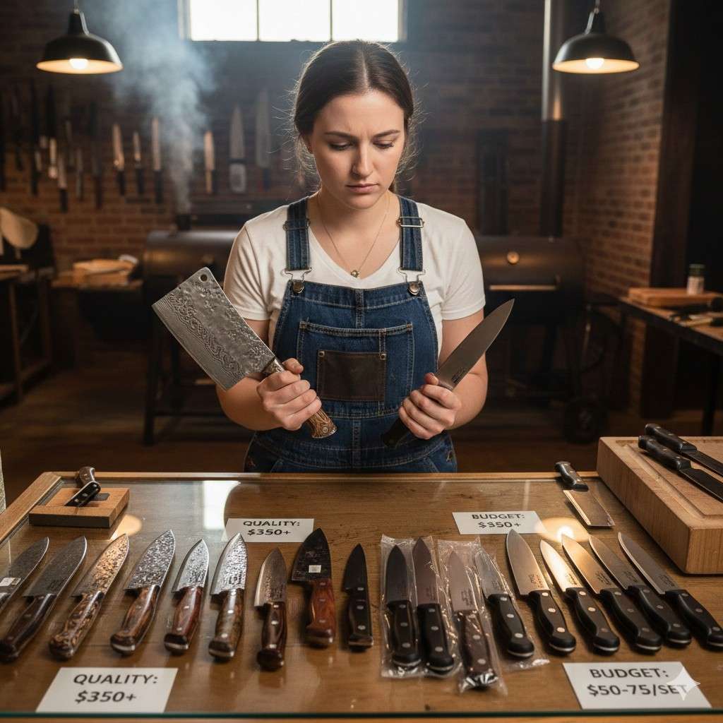 Young Female Pitmaster Choosing Which Knife To Buy