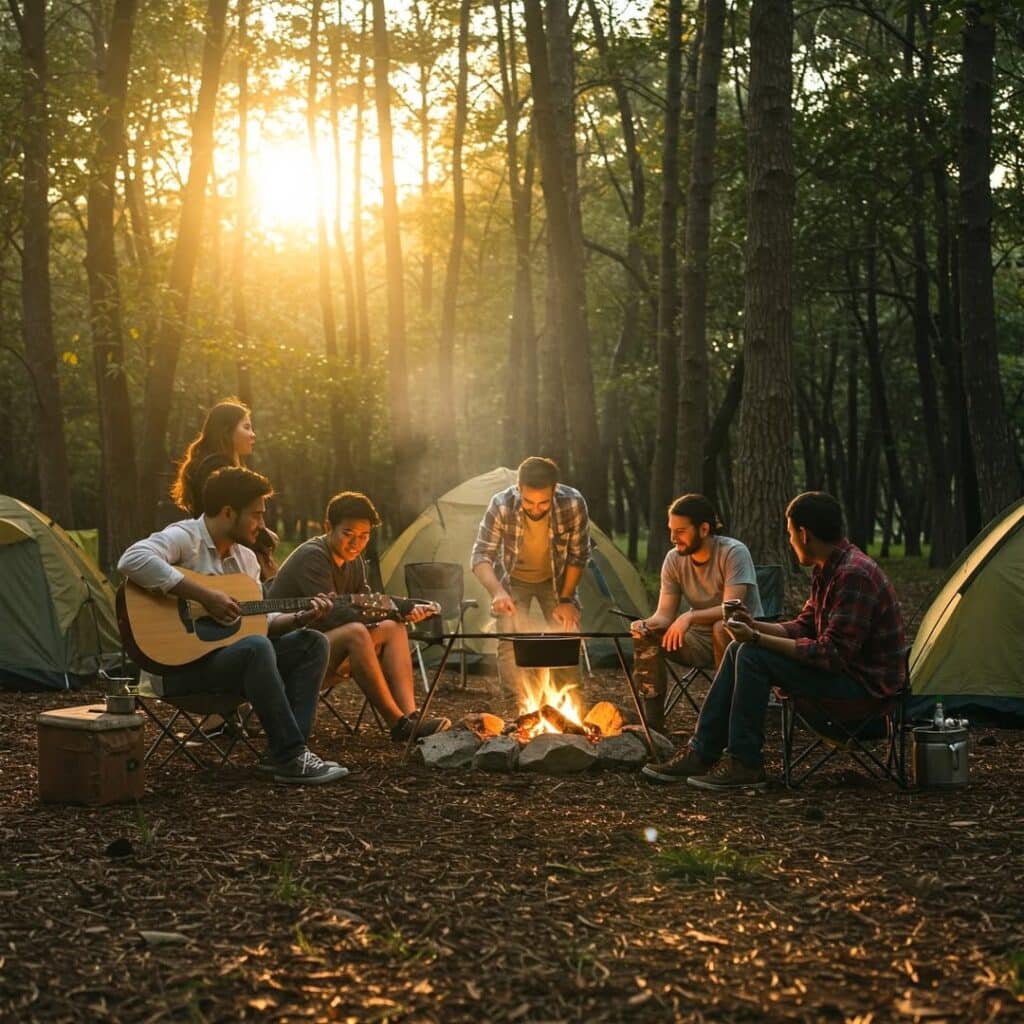 A Group Of Friends Camping In The Woods