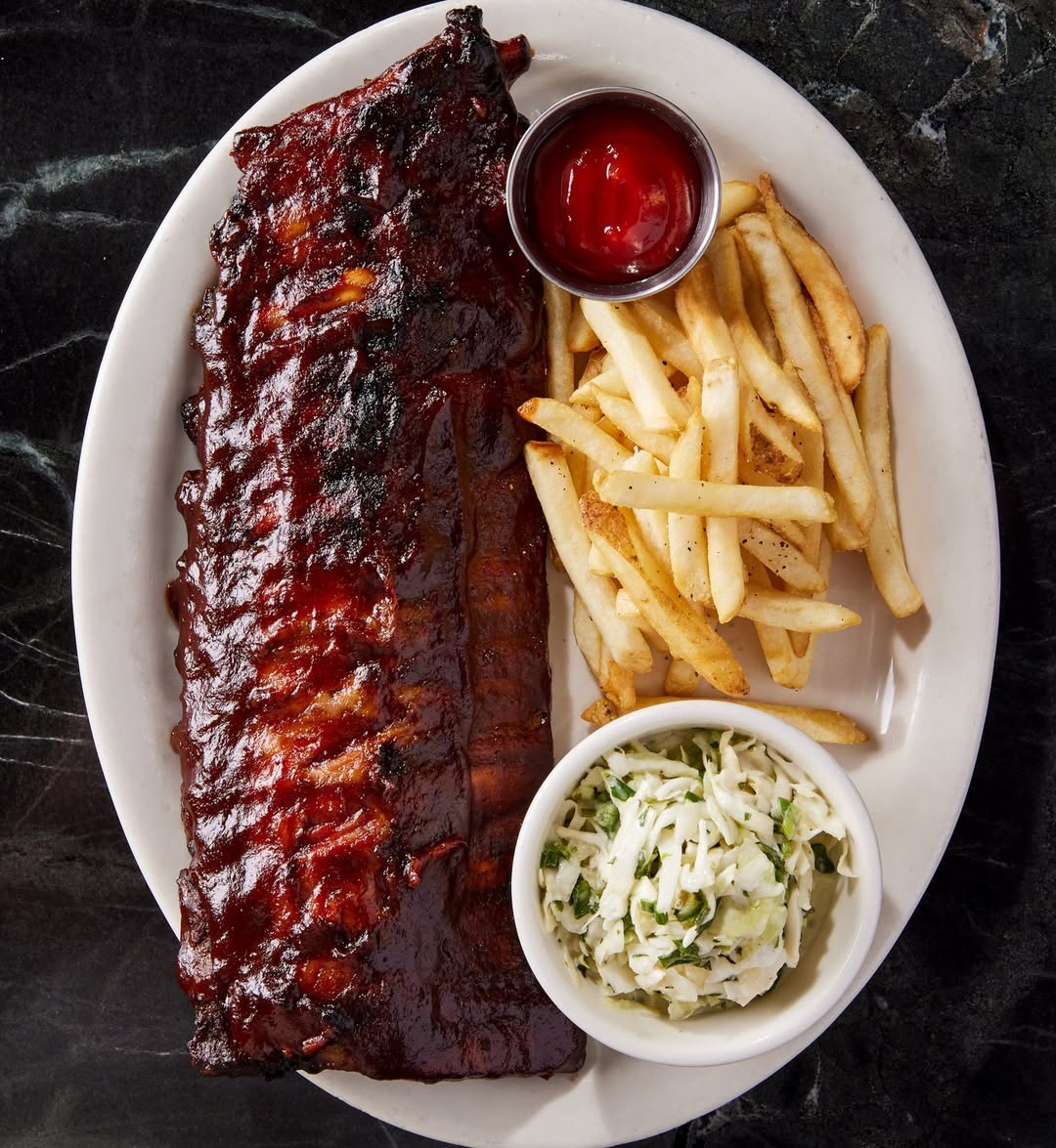 baby back ribs bbq sauce french fries in french bbq