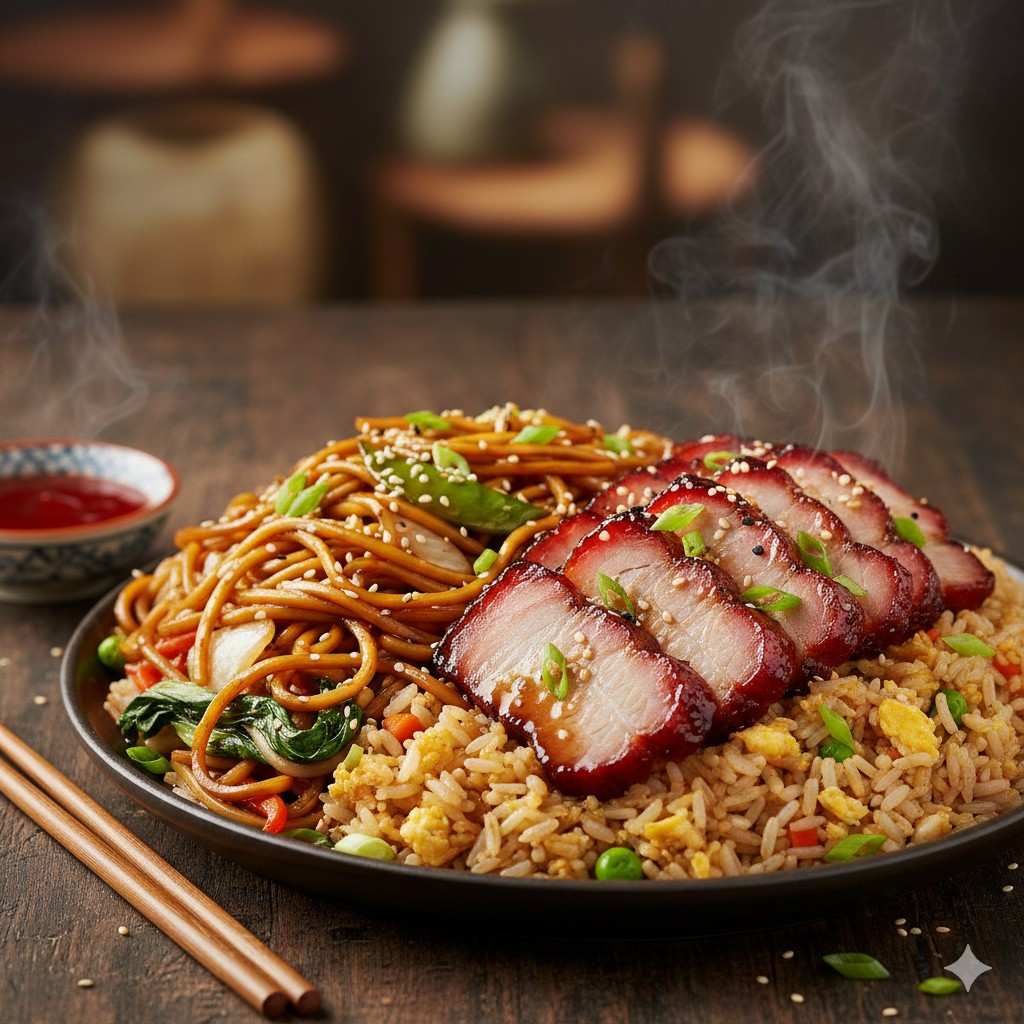 Char Siu Pork With Fried Rice And Noodles
