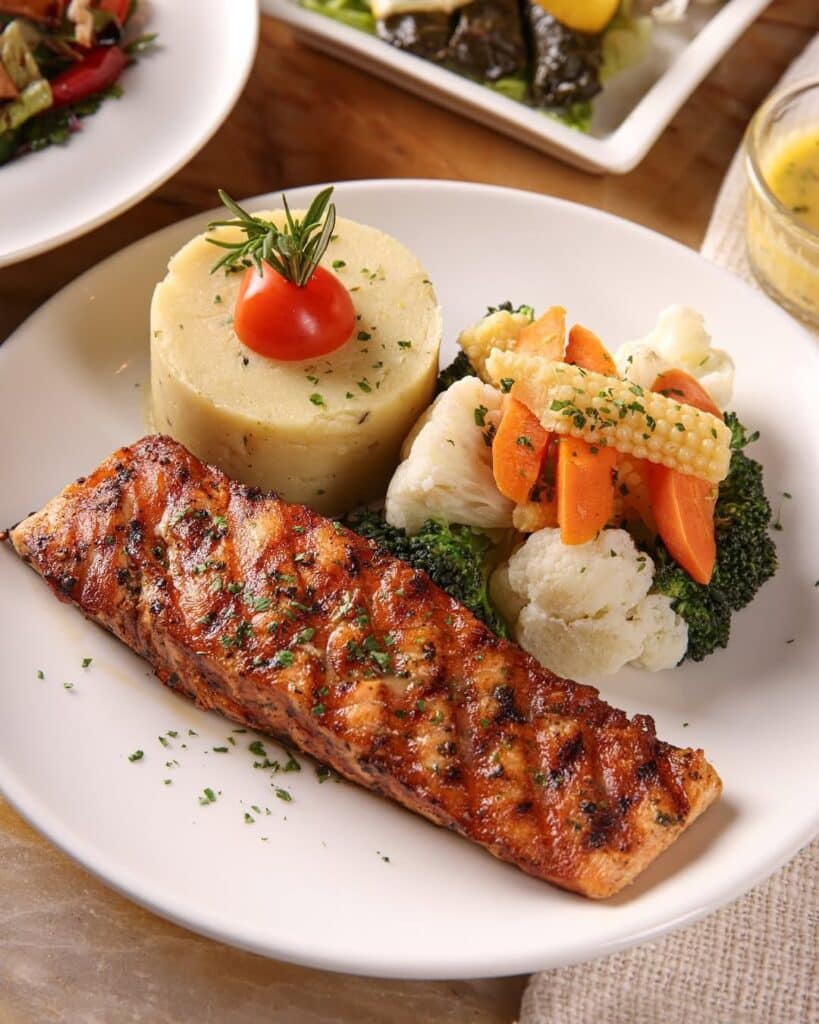 Grilled Salmon Fillet Served With Mashed Potato 