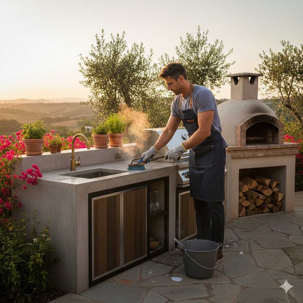 18 Best Tips For A Successful Tropical-Climate Outdoor Kitchen Design 6 Man Cleaning His Outdoor Kitchen To Protect It From Rust Mold And Mildew
