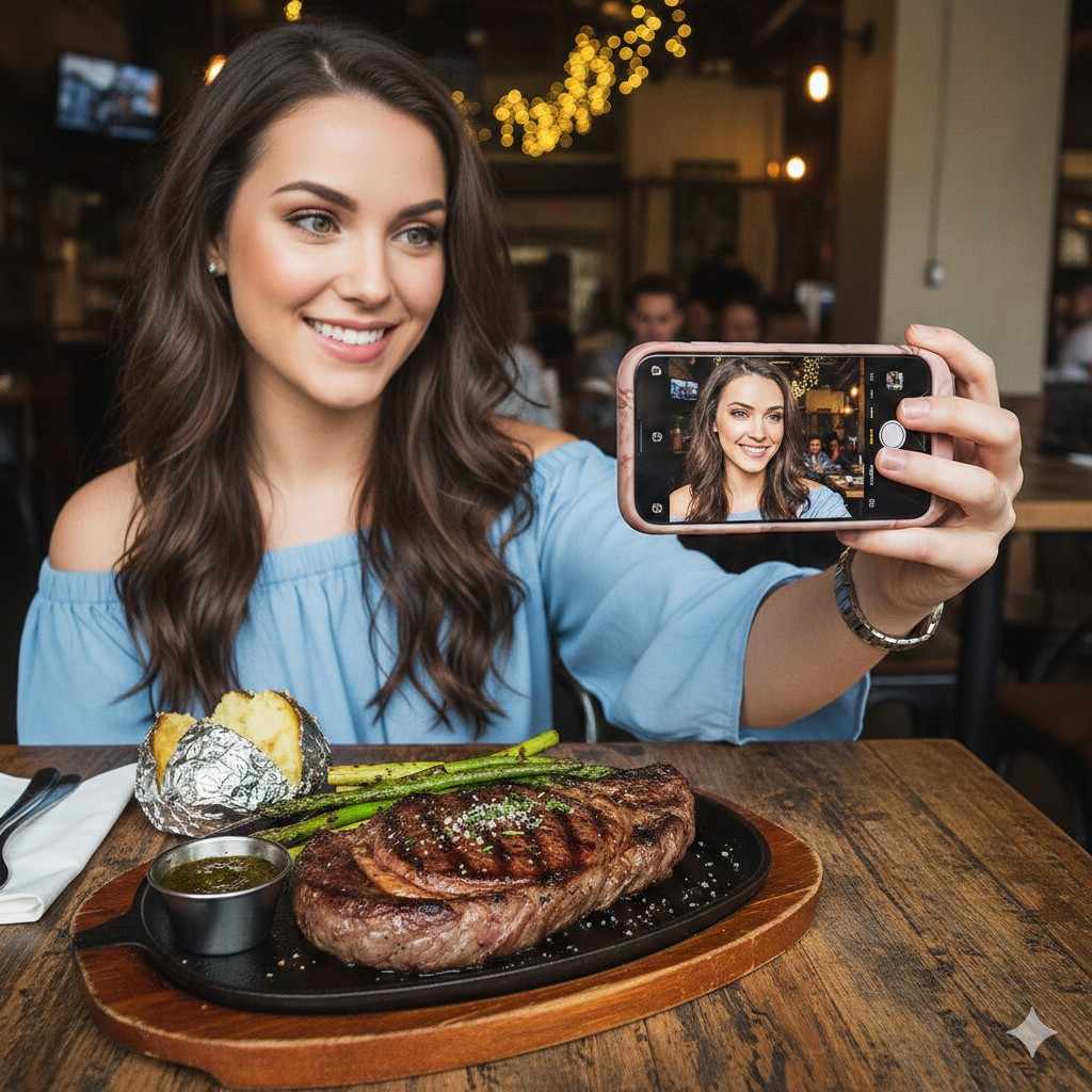 Pretty Girl Taking A Selfie With Her Beef Steak On The Table