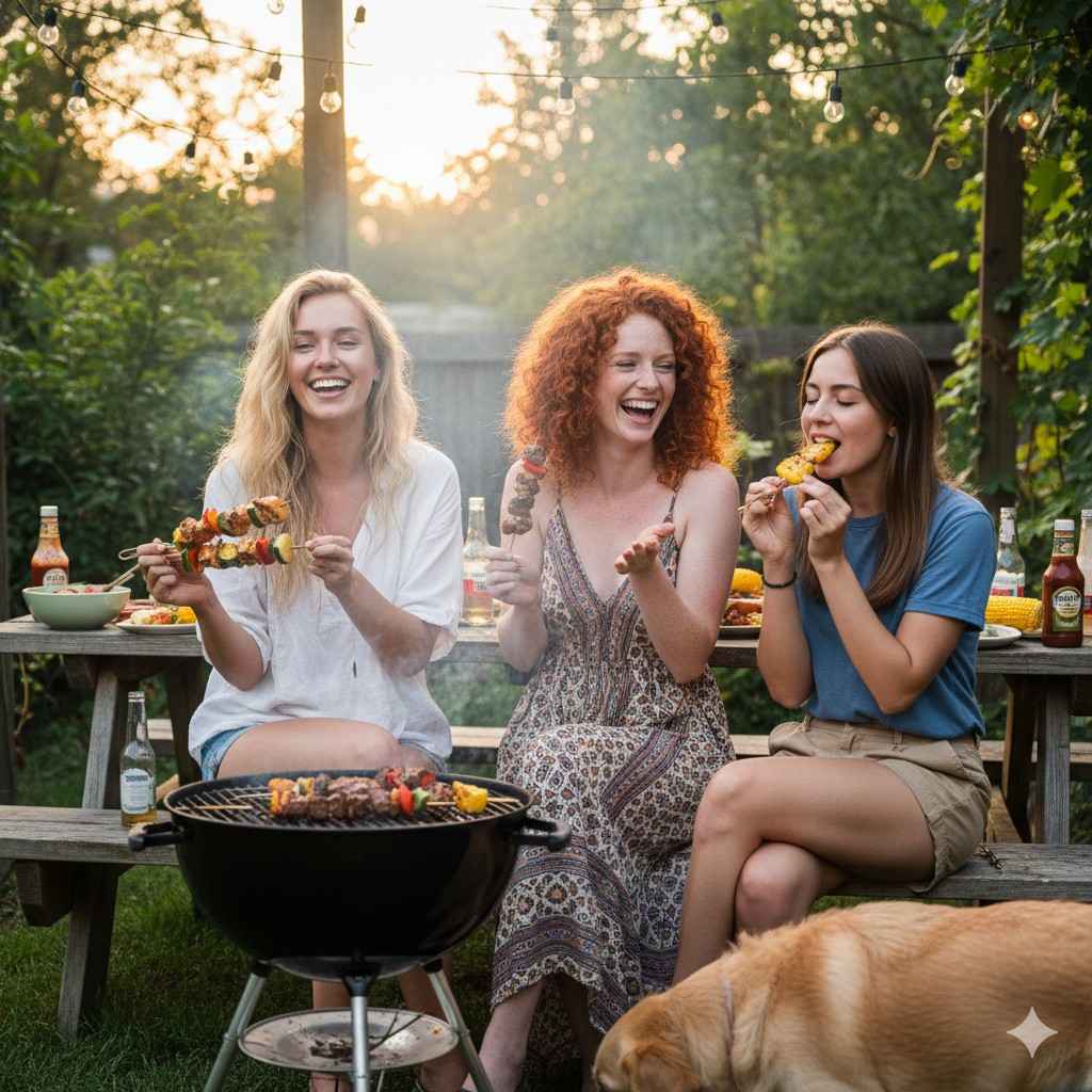 Pretty Girls Enjoying Bbq Skewers