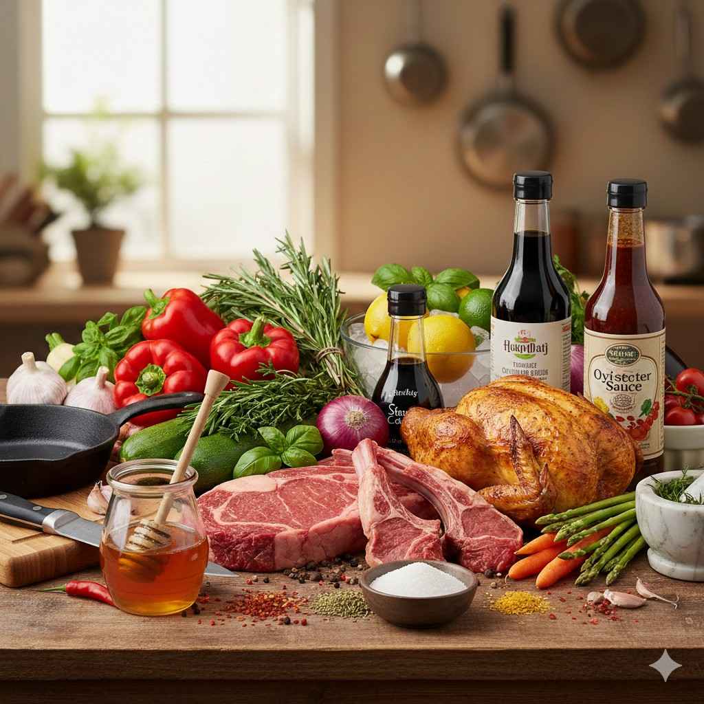 Vegetables Herbs Meat And Other Ingredients For Bbq