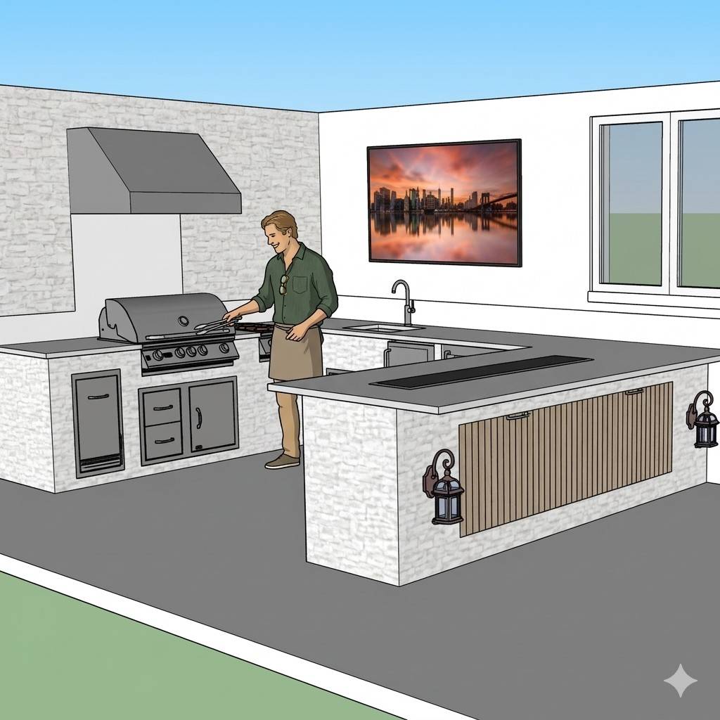 Backyard Bbq Layouts That Improve Workflow (Pitmaster Design Tips) 5 3D Image Of Outdoor Kitchen Layout