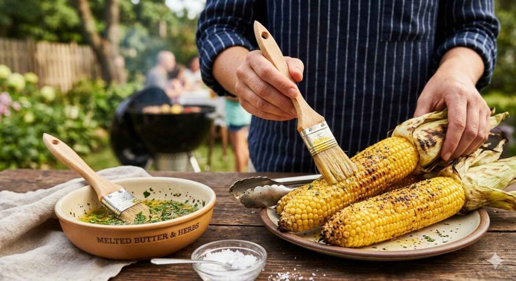Charred Honey Butter Corn With Chili Lime Sprinkle 2 Applying Butter To Corn Cobs With Brush