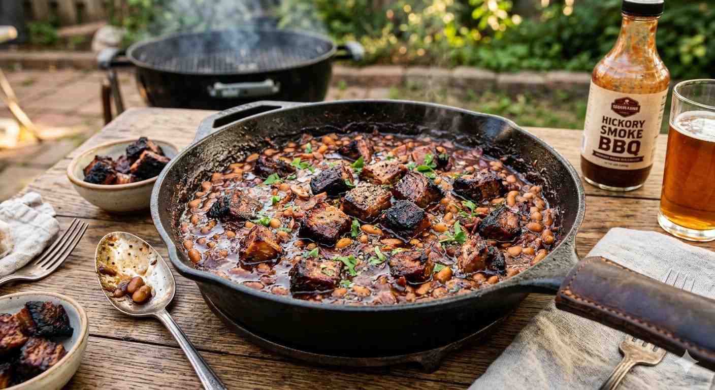 cast-iron bbq baked beans with burnt ends