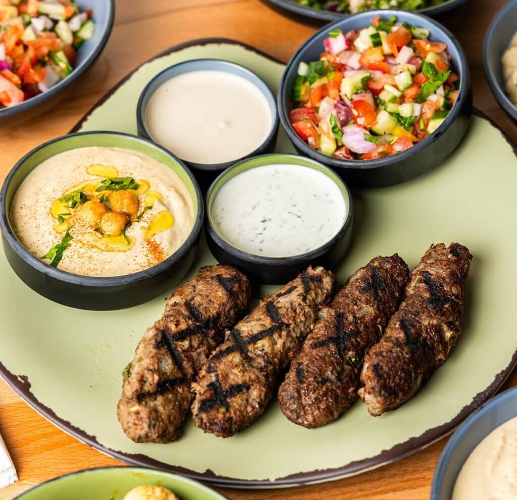 Charred Lamb Kebabs With Yogurt Dips And Sides