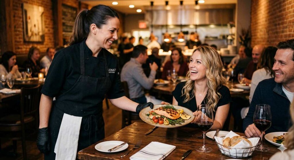 Female Chef Serving Grilled Salmon To Guests