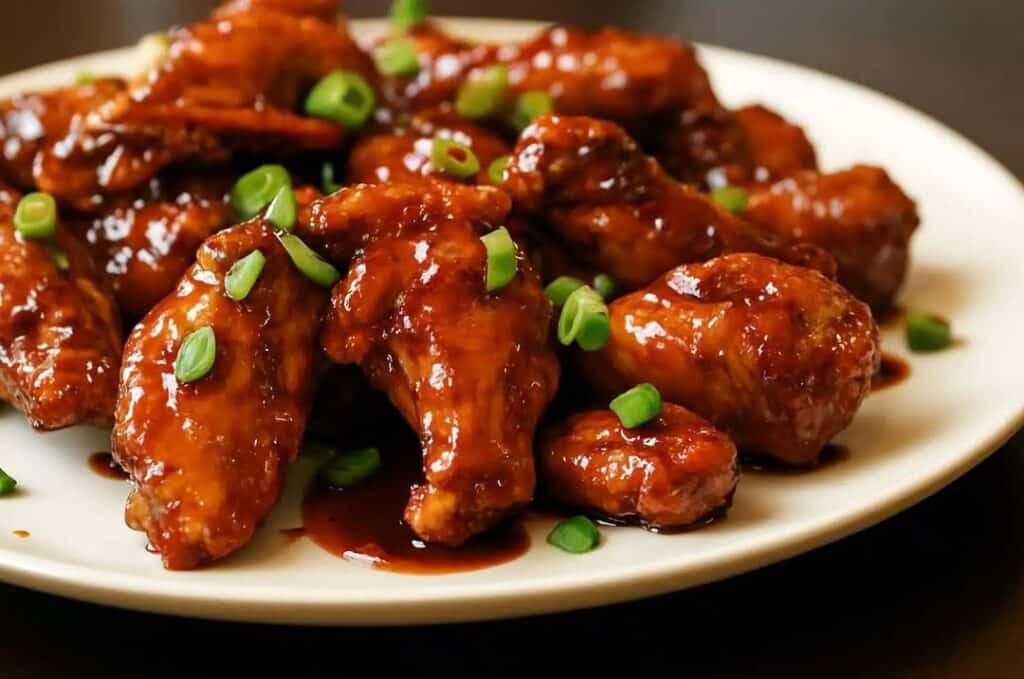 Juicy Chicken Wings Tossed In A Sticky, Spicy Peach Glaze