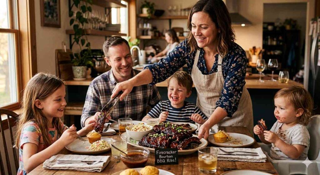 Mom Serving Firecracker Bourbon Bbq Ribs To Her Family
