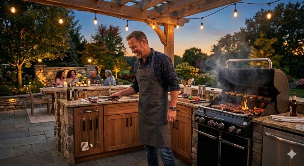 Backyard Bbq Layouts That Improve Workflow (Pitmaster Design Tips) 3 Nighttime Grilling In Outdoor Kitchen
