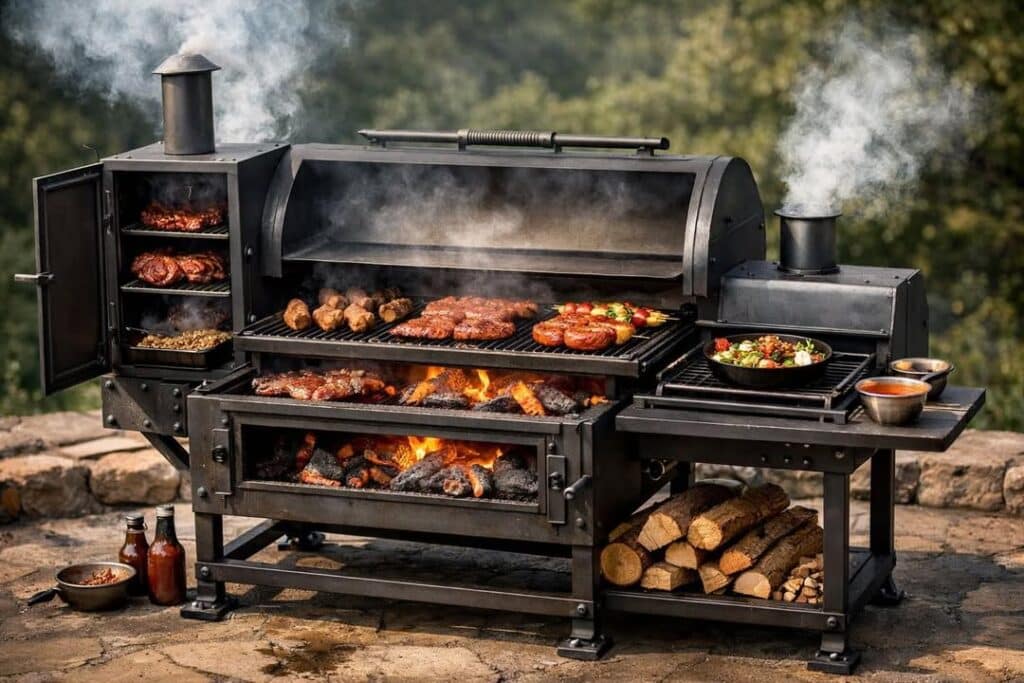 Offset Smoker With Meats And Veggies Being Grilled