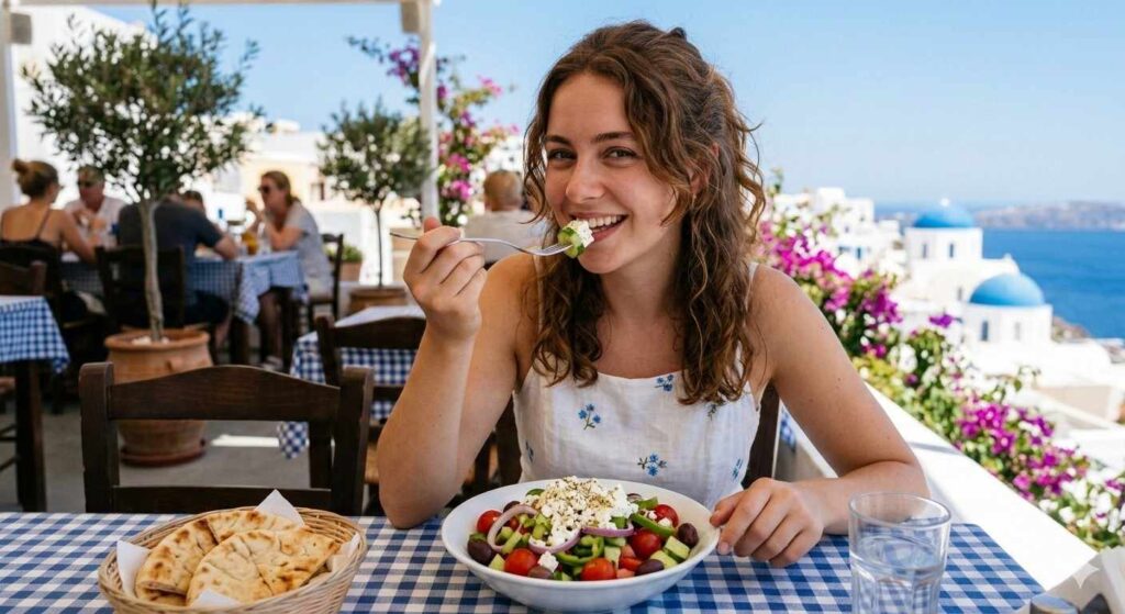 Pretty Girl Eating Greek Salad