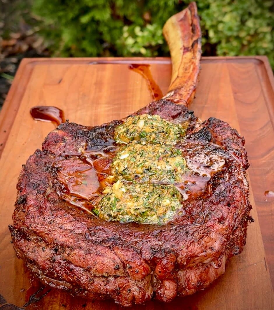 smoked cowboy butter tomahawk steak