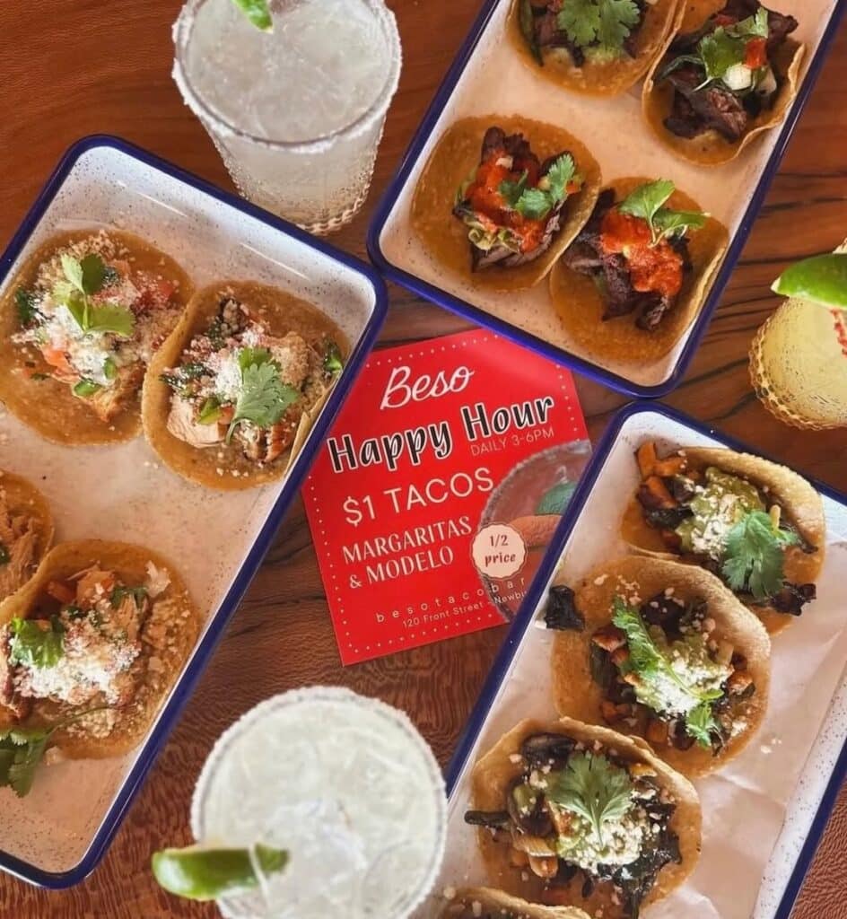 Three Platters Of Tacos And Drinks