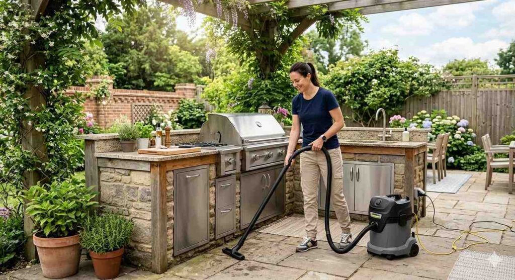 Woman Cleaning Her Outdoor Kitchen