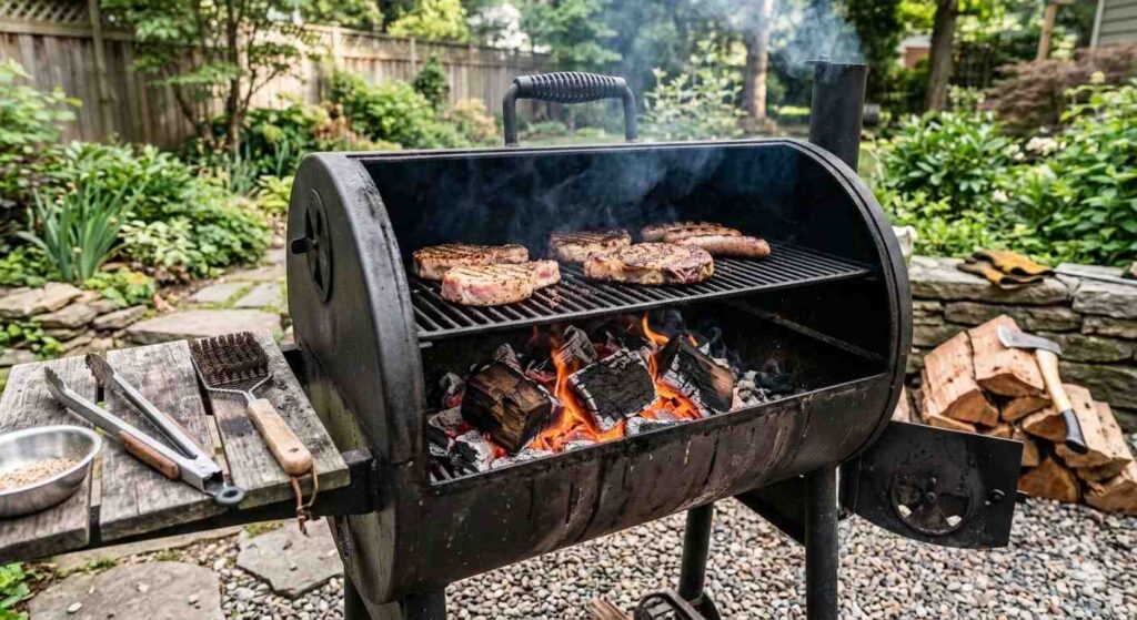 Wood Charcoal Grill With Cherry Briquettes  