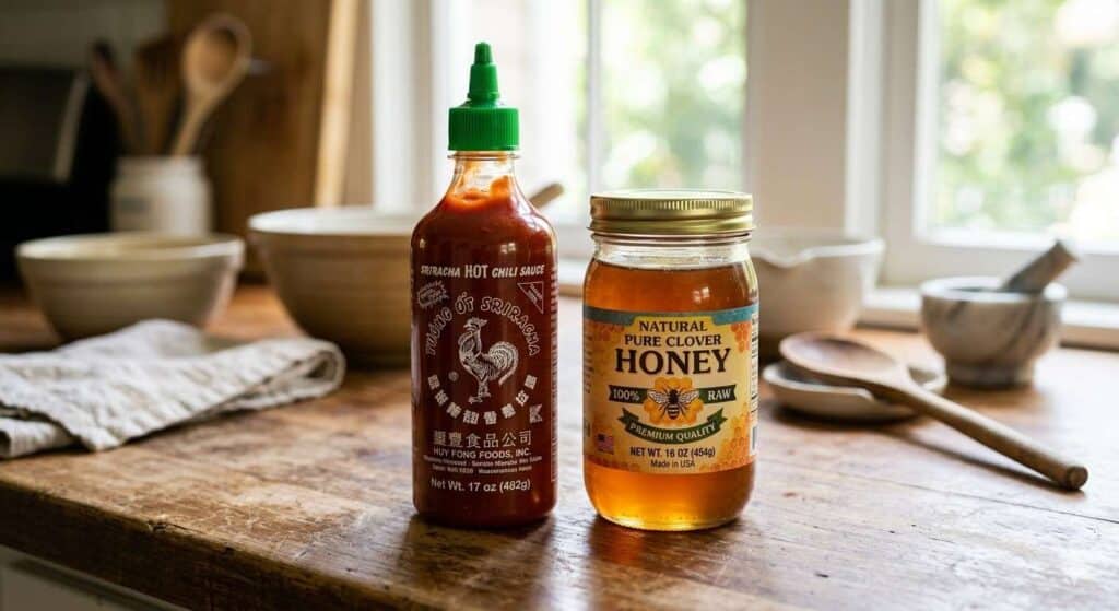 A Bottle Of Sriracha Sauce And Pure Honey