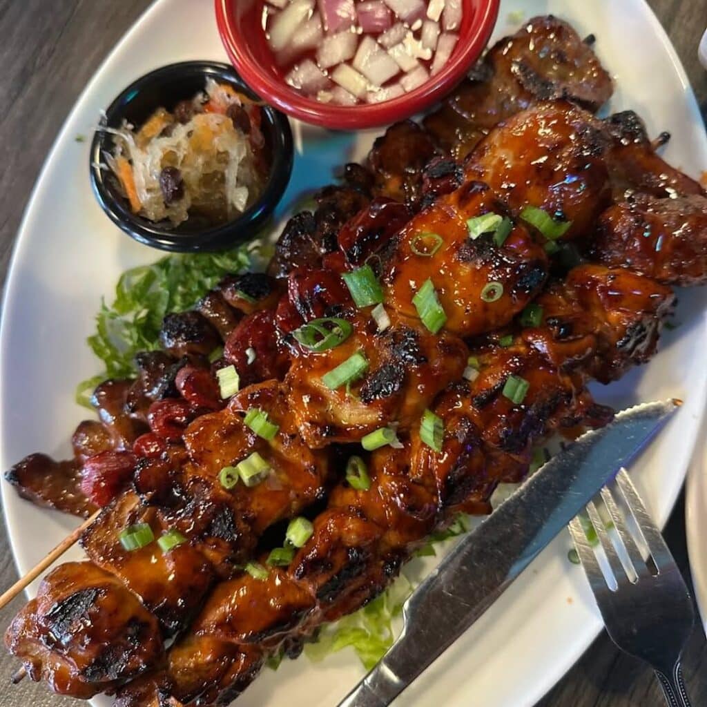 The Flavor Triangle: Smoke, Salt, And Fat In Perfect Bbq 10 Bbq Pork Skewers With Onion And Vinegar Dipping Sauce And Atchara