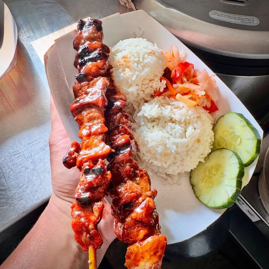 Bbq Skewers With Rice And Cucumber Slices