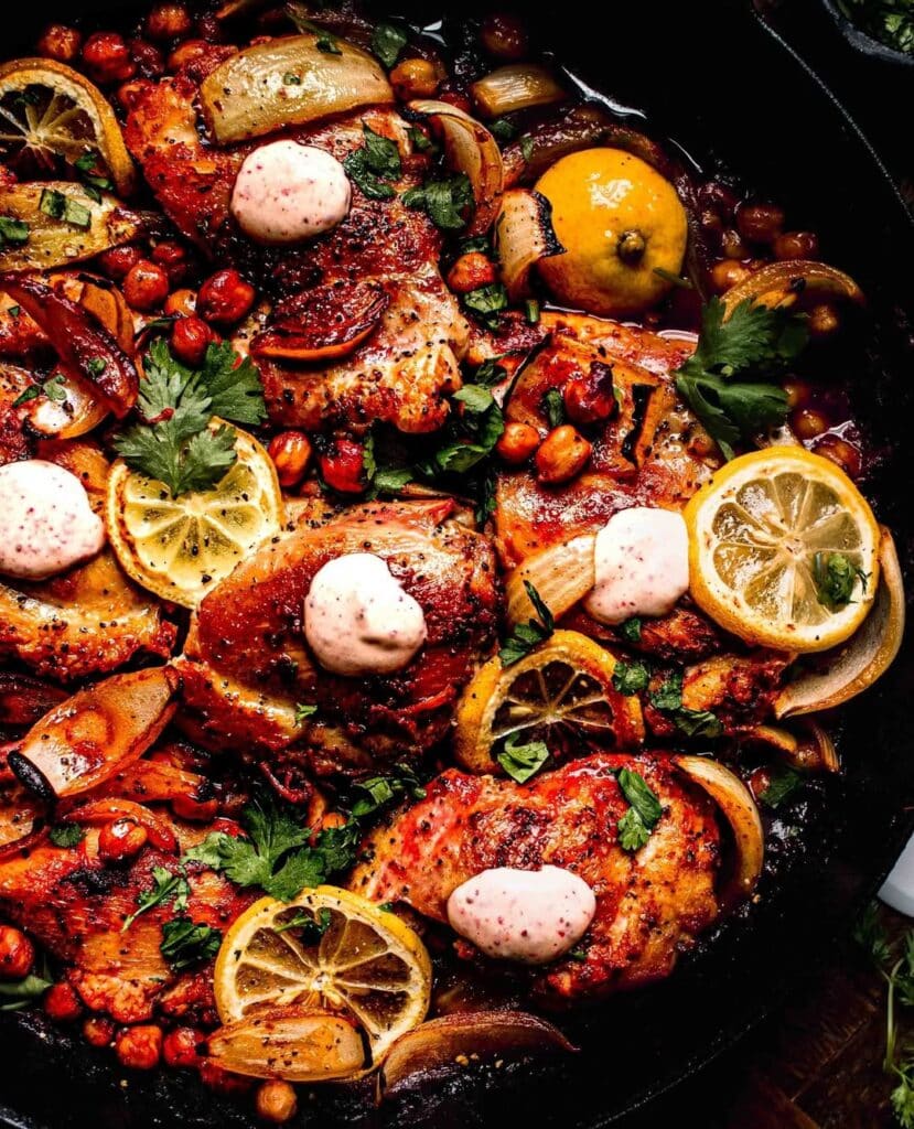 Sheet Pan Harissa Chicken With Spiced Chickpeas