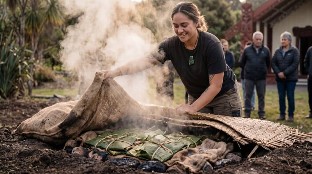 Aborigine Woman Uncovers An Earth Oven With Cooked Food