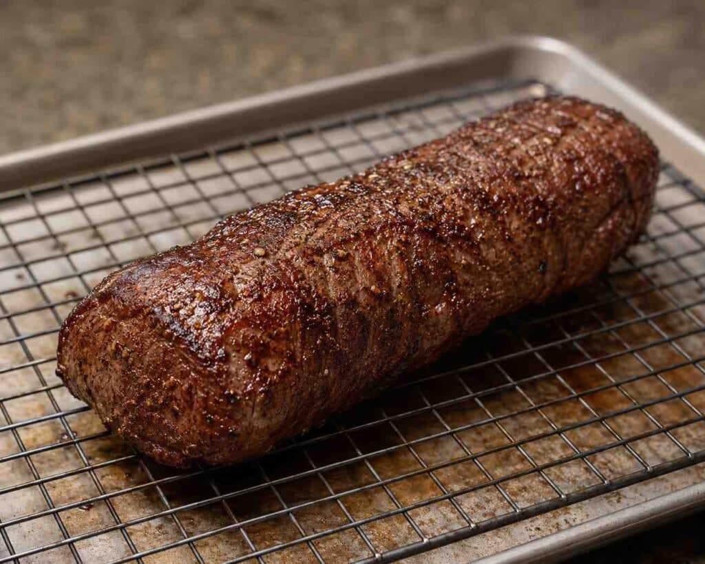 Beef Tenderloin Being Rested On A Wire Rack