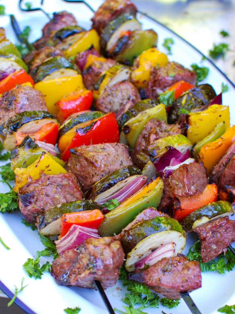 Close Up Shot Grilled Kabobs With Vegetables