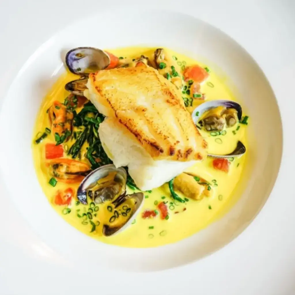 Cod Fillet Poached In A Saffron-Tomato Bouillabaisse Broth