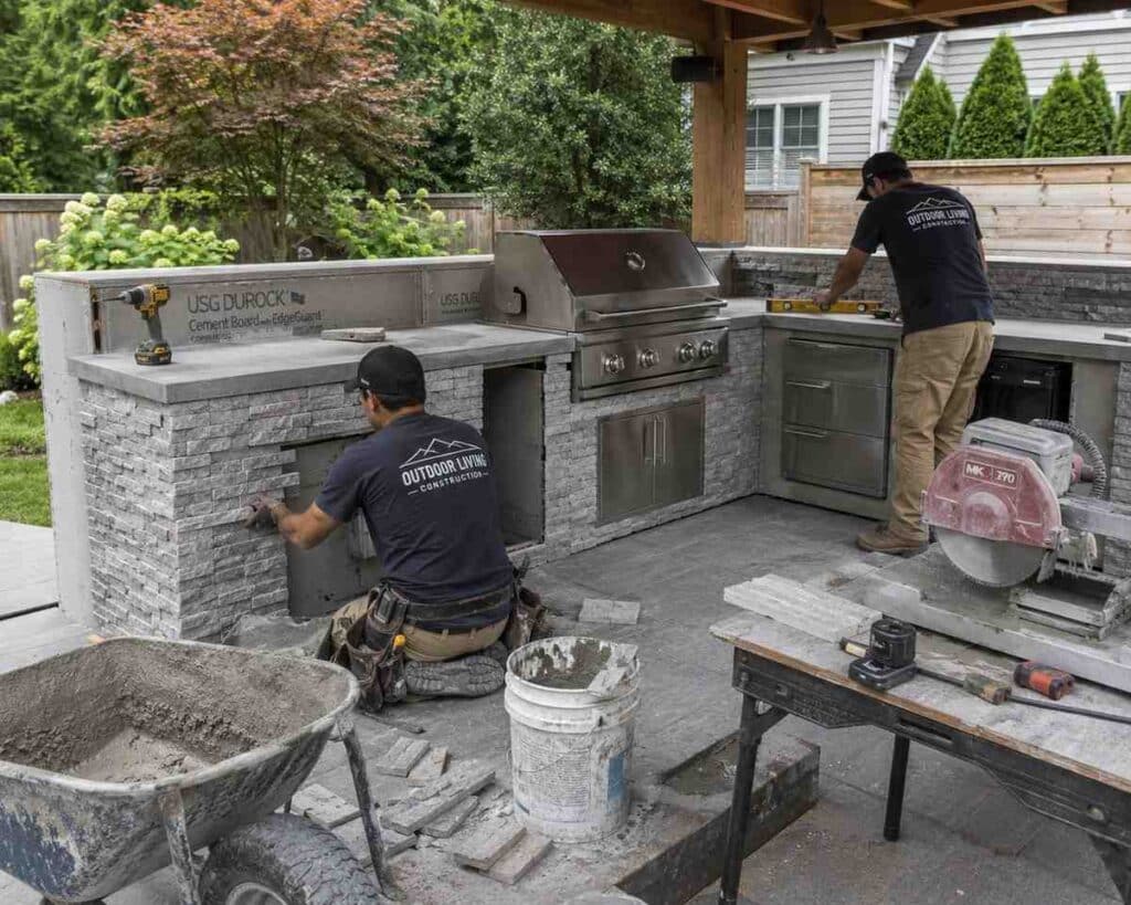 Contractors Building An Outdoor Kitchen