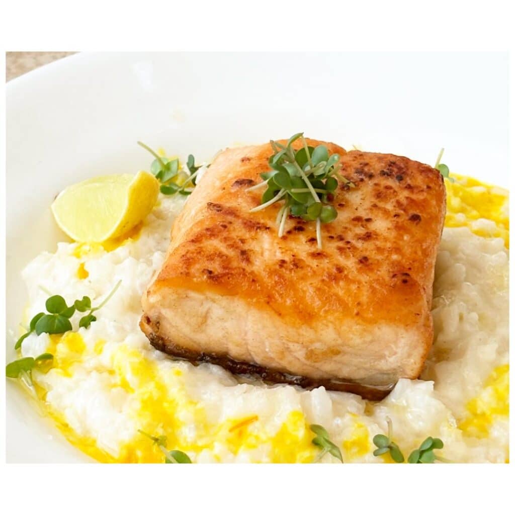 Crispy-Skin Salmon Fillet Over Saffron Risotto