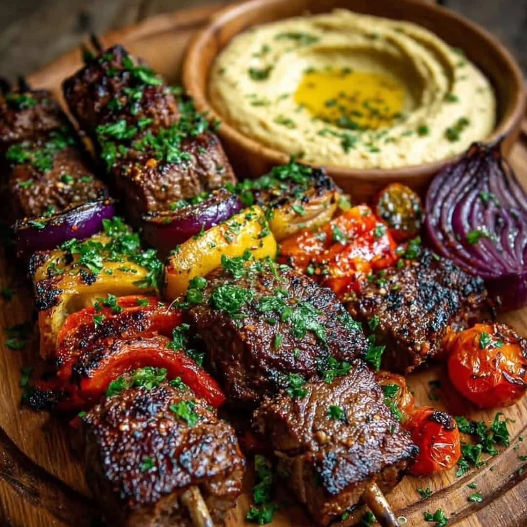 farmhouse style grilled kebabs on a wooden board