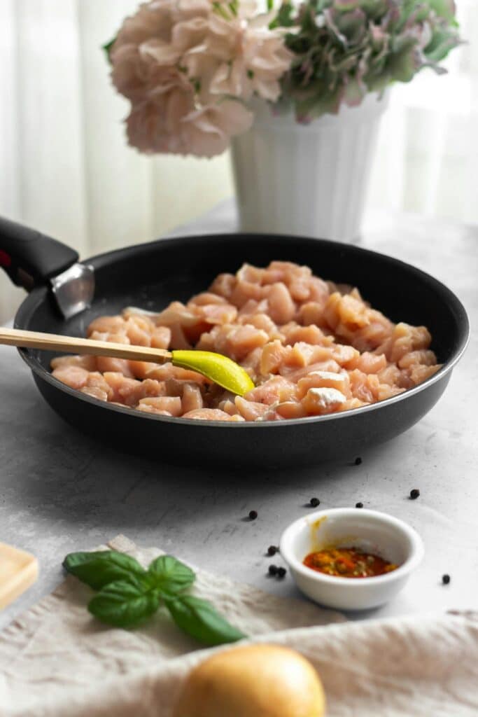 Fresh Cut Chicken Meat For Fajitas Ready In The Pan 