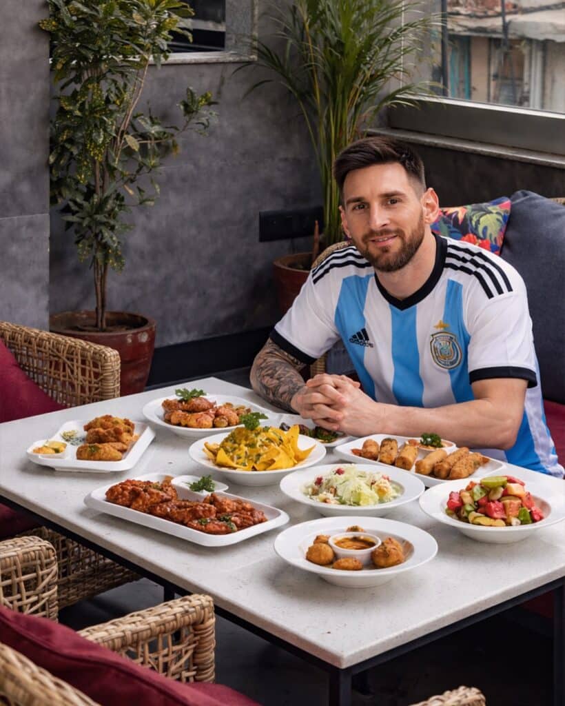 Lionel Messi On The Table With Lots Of Food