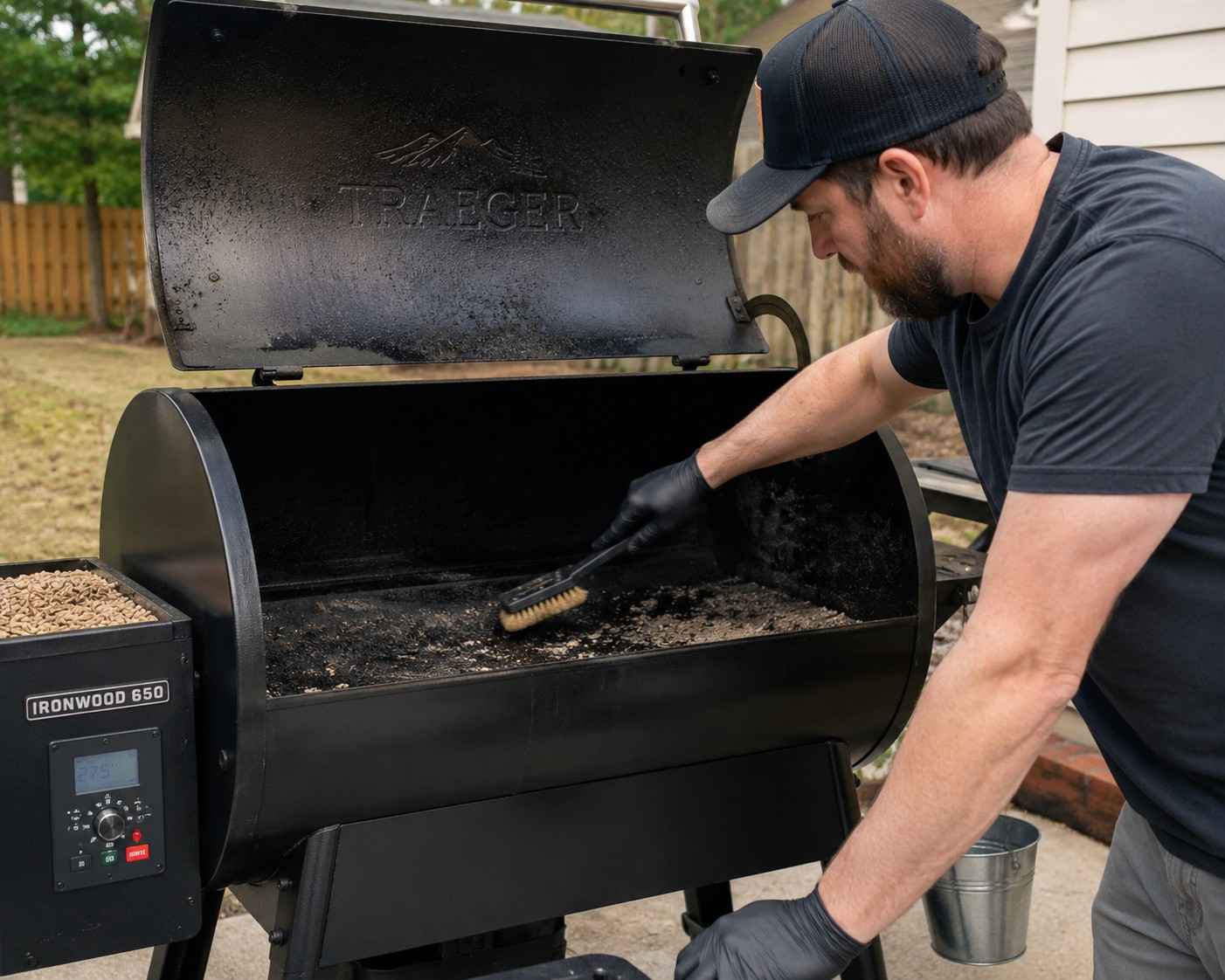 man doing grill maintenance on his pellet smoker