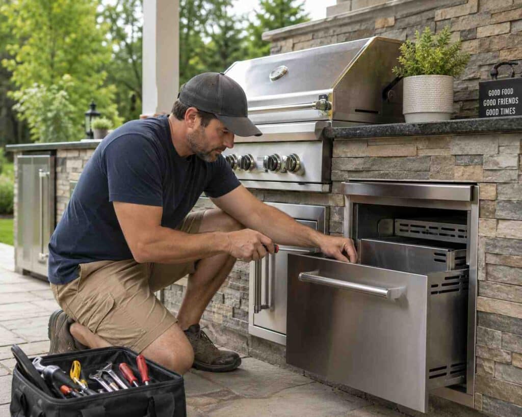 Man Doing Maintenance Work On His Outdoor Kitchen