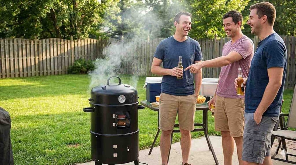 Three Men Drinking Beer Beside The Giantex Smoker