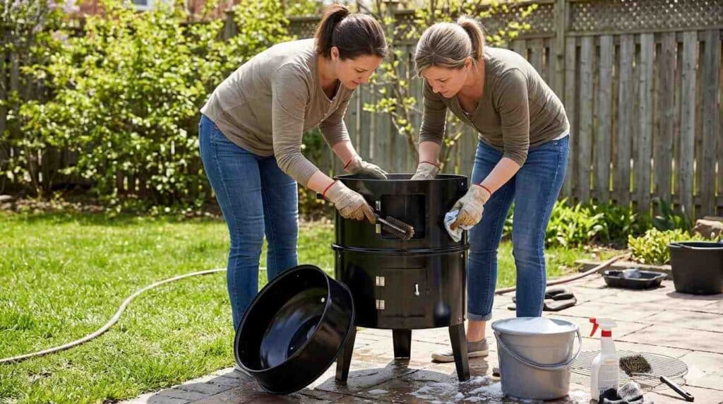 Two Women Cleaning The Giantex 3-In-1 Outdoor Smoker
